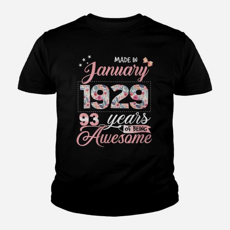 Womens 93Rd Birthday Floral Gift For Womens Born In January 1929 Youth T-shirt