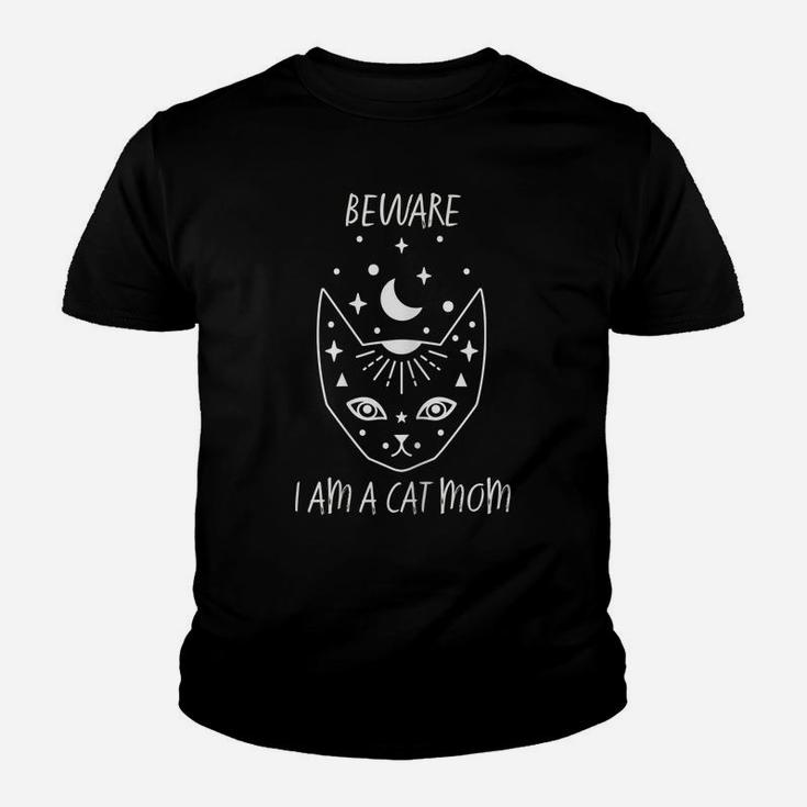 Womens Beware I Am A Cat Mom White Drawing Of Kitty Face Shirt Youth T-shirt