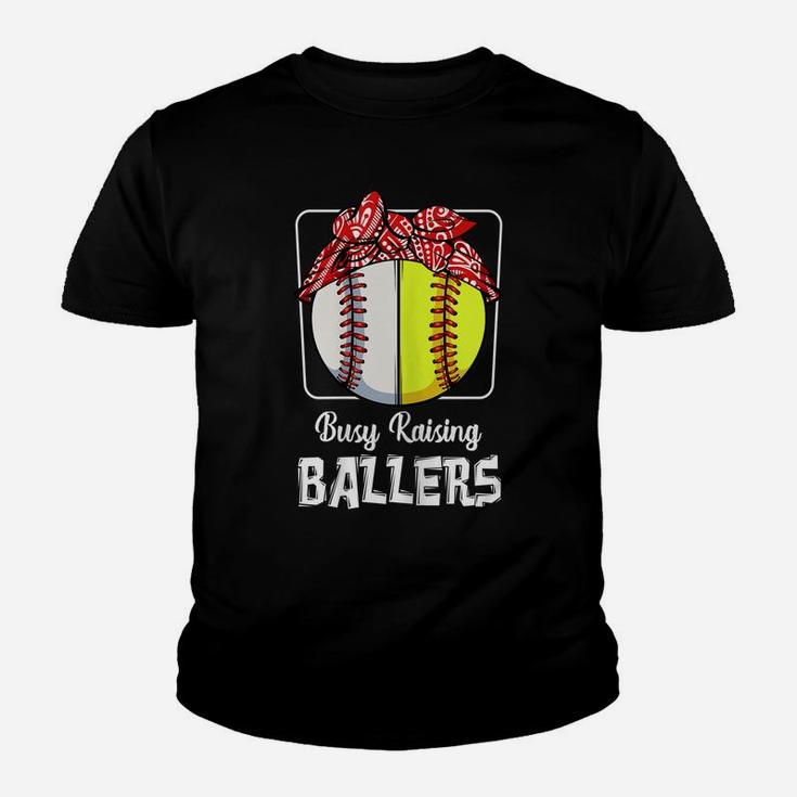 Womens Busy Raising Ballers Softball Funny Baseball Mom Sport Youth T-shirt