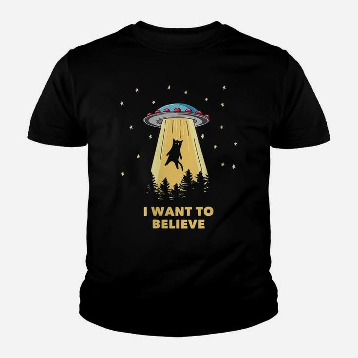 Womens Cat Alien Abduction - I Want To Believe Ufo Youth T-shirt