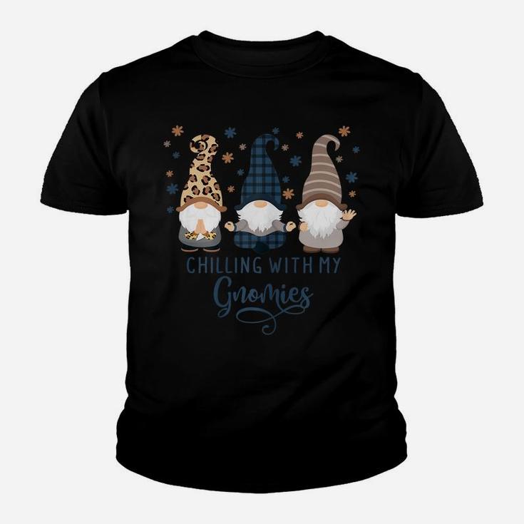 Womens Chilling With My Gnomies Blue Brown Autumn Gnomes Gardening Youth T-shirt