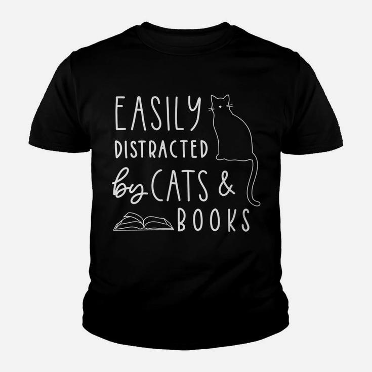 Womens Easily Distracted Cats And Books Funny Gift For Cat Lovers Youth T-shirt