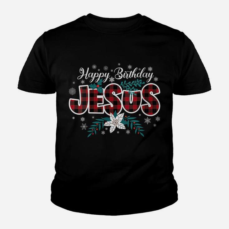 Womens Happy Birthday Jesus Flower Red Buffalo Plaid Jesus Lovers Youth T-shirt