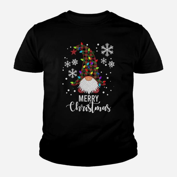 Womens Merry Christmas Gnomes Buffalo Plaid Snowflakes Santa Lights Youth T-shirt