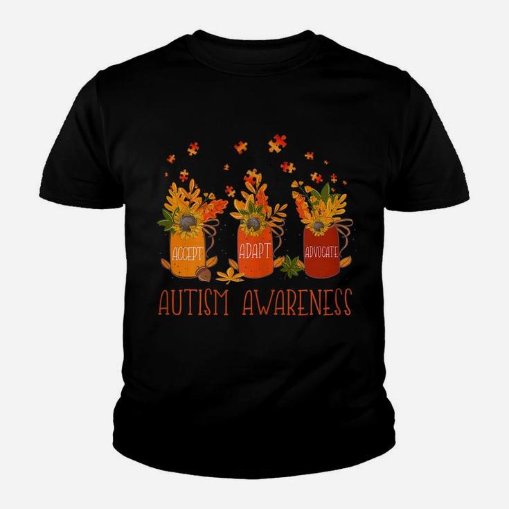 Womens Tu Autism Awareness Gift Autumn Bottles Fall Flower Ribbon Youth T-shirt