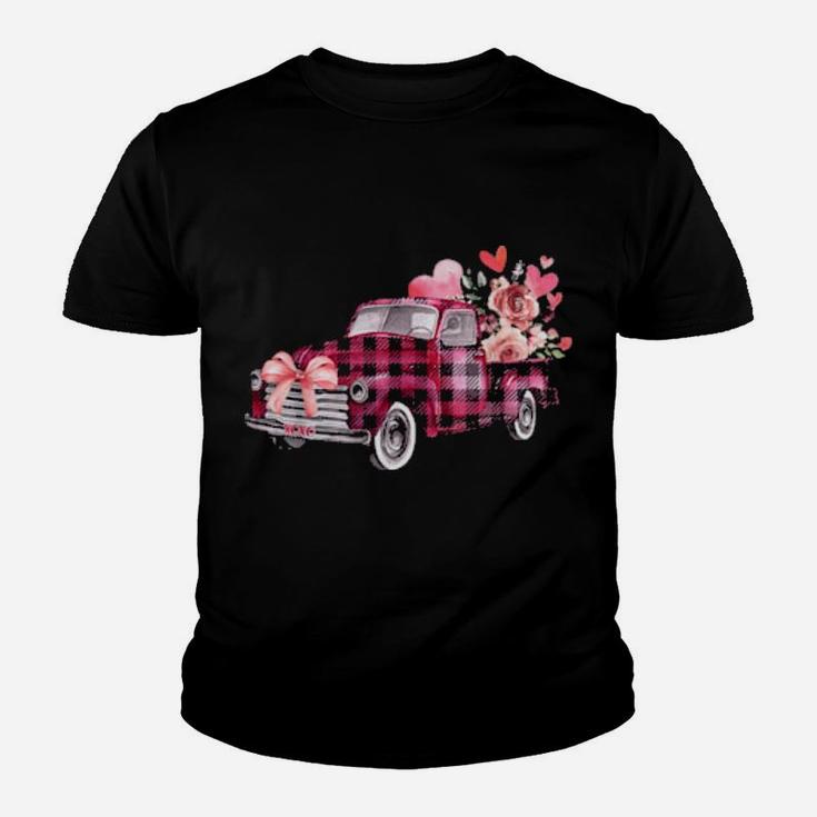 Xoxo Pink Plaid Truck Flowers Valentine's Day Youth T-shirt