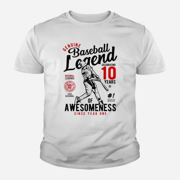 10Th Birthday Gift Baseball Legend 10 Years Of Awesomeness Youth T-shirt