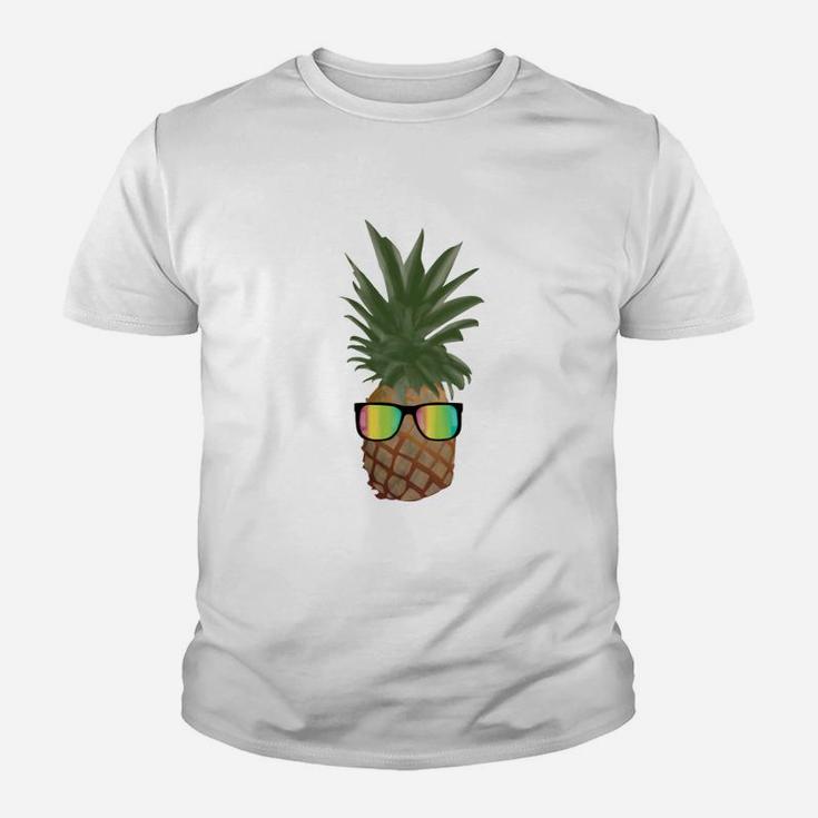 Ananas mit Sonnenbrille Kinder Tshirt, Lustiges Motiv Unisex Weiß