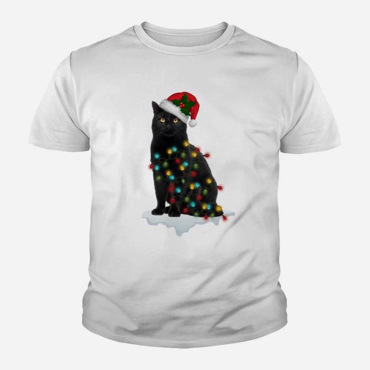 Black Cat Christmas Tree Deco Lights Funny Xmas Cat Gift Sweatshirt Youth T-shirt
