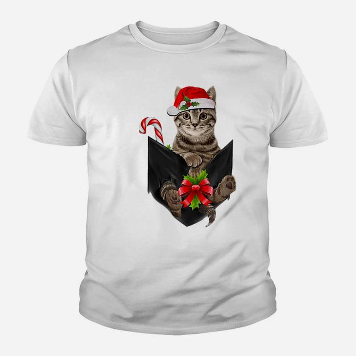 Brown Cat Santa Hat In Pocket - Christmas Cat Lovers Pajama Youth T-shirt