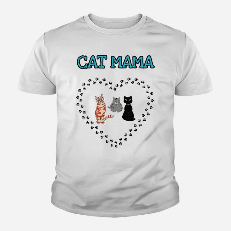 Cat Mama Heart Three Cats Lovers Girls Womens Novelty Gift Youth T-shirt