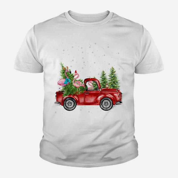 Christmas Three Flamingo Ride Red Truck Xmas Santa Hat Youth T-shirt