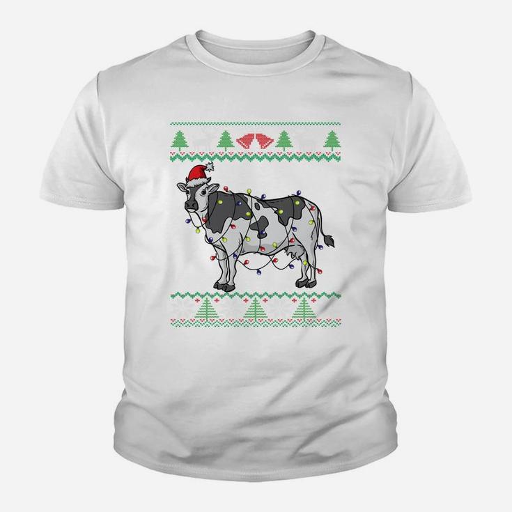 Cow Santa Claus & Lights Funny Dairy Farmer Ugly Christmas Sweatshirt Youth T-shirt