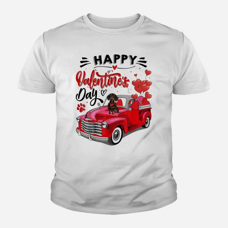 Cute Dachshund Dog Red Truck Happy Valentine's Day Valentine Youth T-shirt