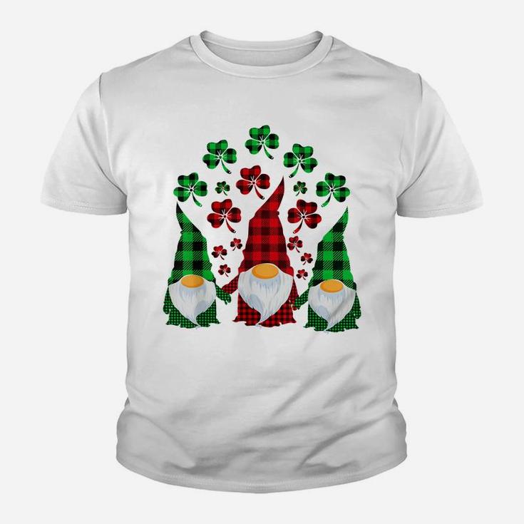 Cute Three Gnomes Shamrocks Buffalo Plaid Saint Patrick Day Youth T-shirt