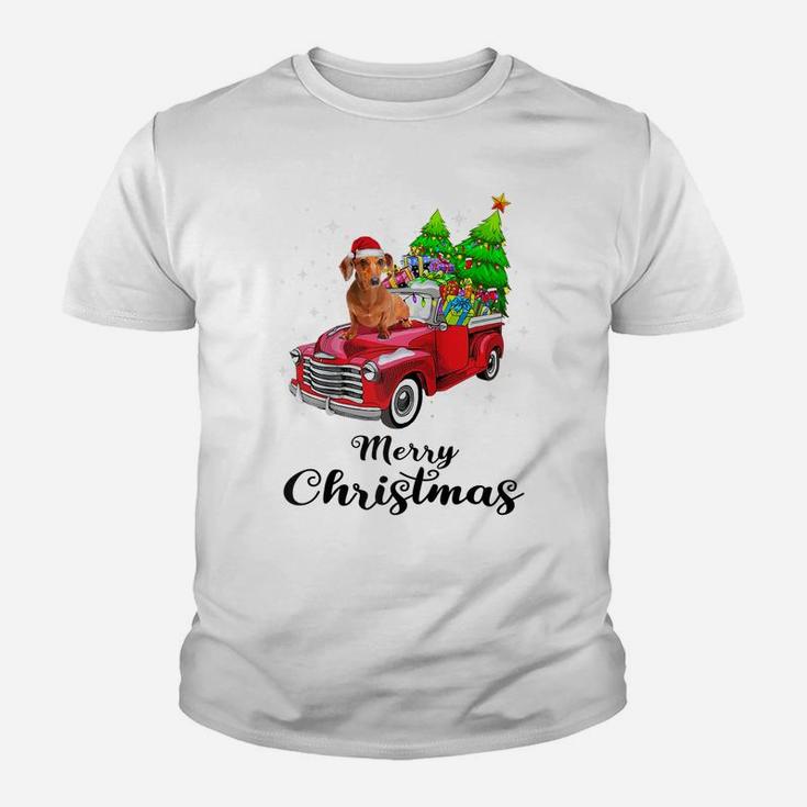 Dachshund Ride Red Truck Christmas Pajama Raglan Baseball Tee Youth T-shirt