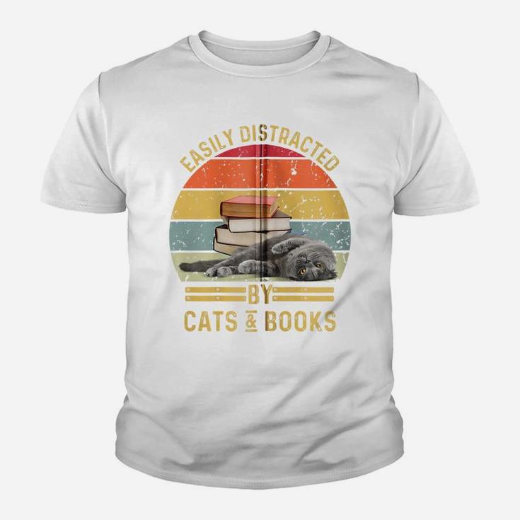 Easily Distracted By Cats And Books Funny Cat And Book Lover Zip Hoodie Youth T-shirt