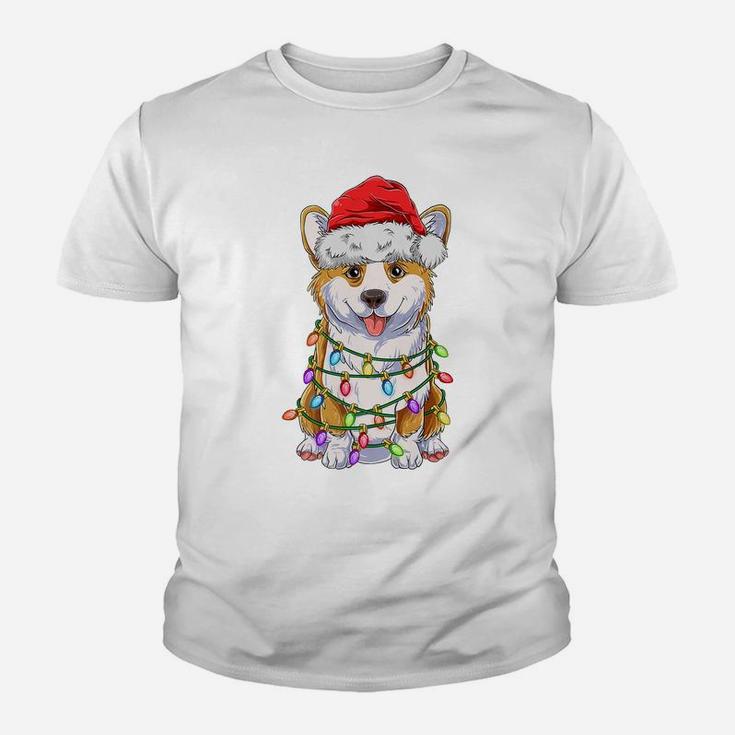 Funny Corgi Christmas Tree Lights Gift Santa Hat Dog Lover Youth T-shirt