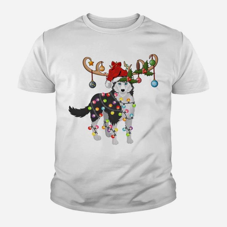 Funny Lighting Santa Hat Reindeer Siberian Husky Christmas Sweatshirt Youth T-shirt