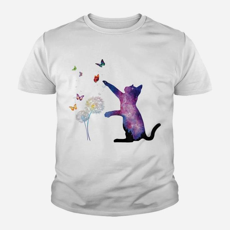 Galaxy Cat Outer Space Butterfly Universe Dandelion Flower Youth T-shirt
