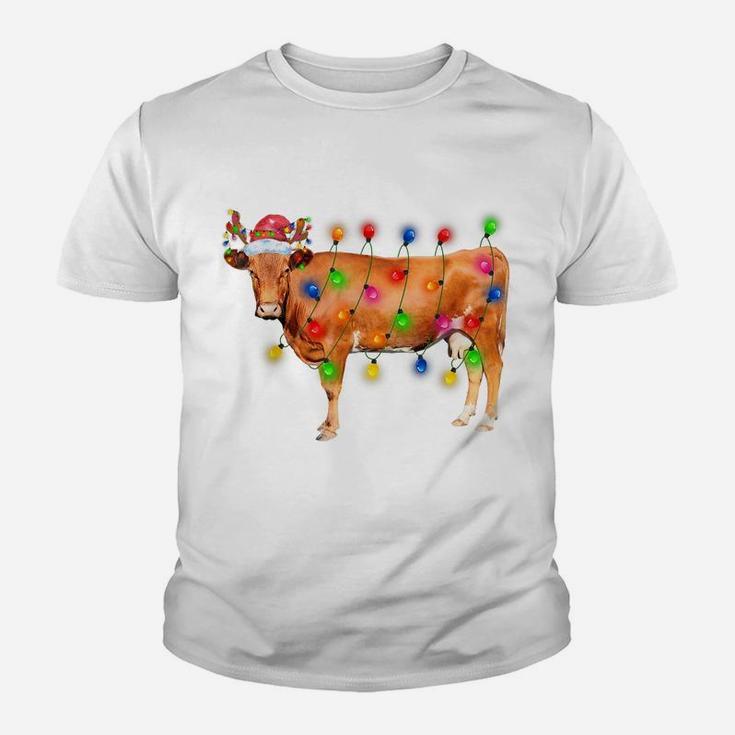 Heifer Cow Christmas Lights Funny Santa Hat Merry Christmas Youth T-shirt