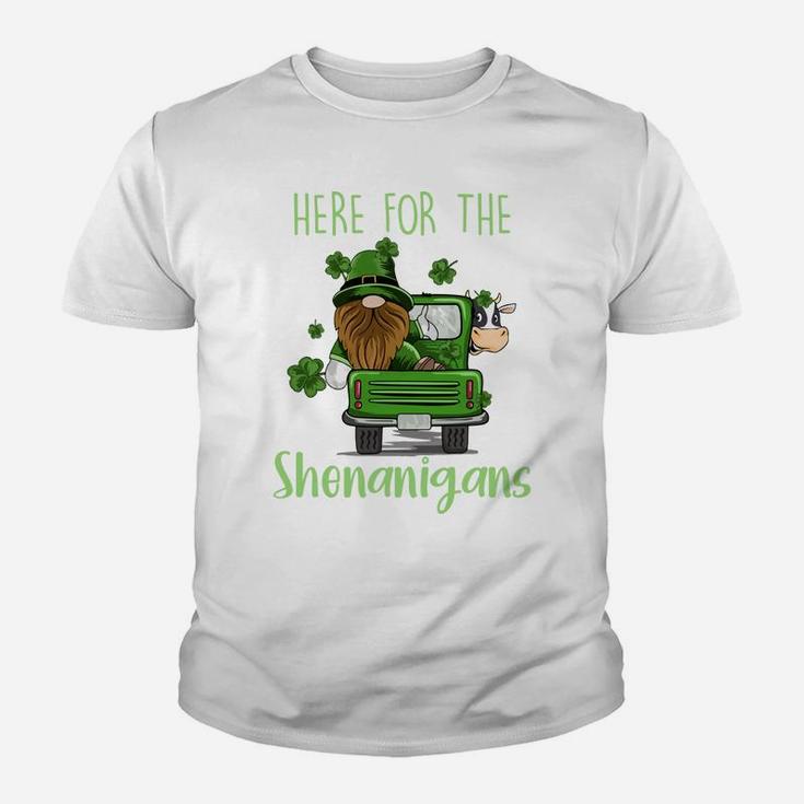 Here For The Shenanigans Gnome Elf Cow St Patricks Day Youth T-shirt