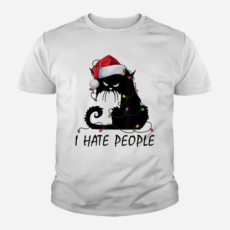 I Hate People Black Cat Santa Hat Christmas Light Xmas Gifts Youth T-shirt