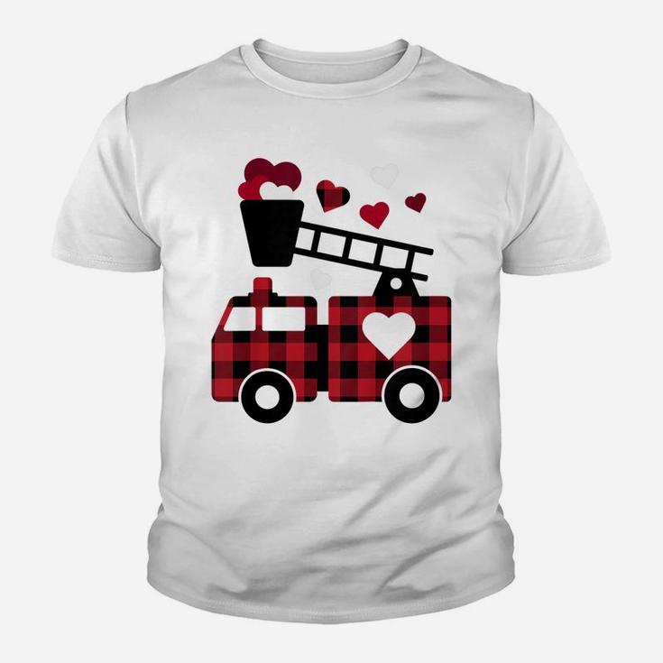 Kids Fire Truck Buffalo Plaid Valentines Day Mom Dad Son Youth T-shirt