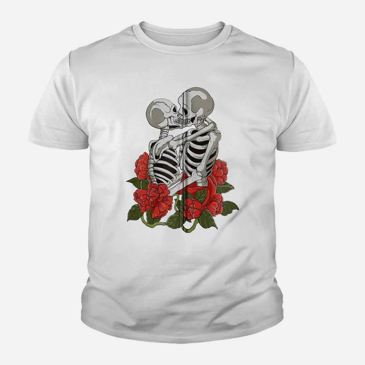 Kissing Skulls Skeletons Red Roses Flowers Death Goth Zip Hoodie Youth T-shirt