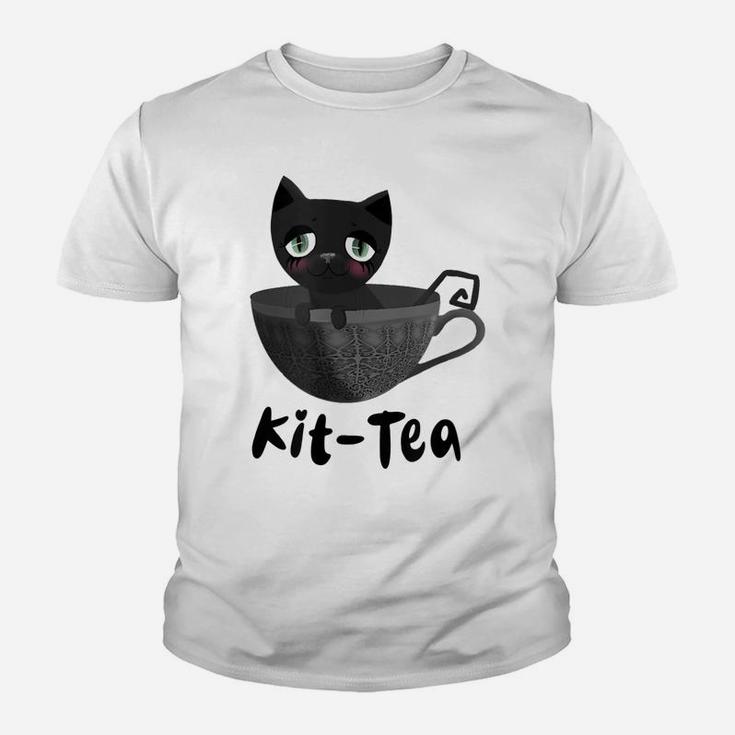 Kit-Tea Kitty Lovers Funny Black Cat Dark Grey Teacup Cute Youth T-shirt
