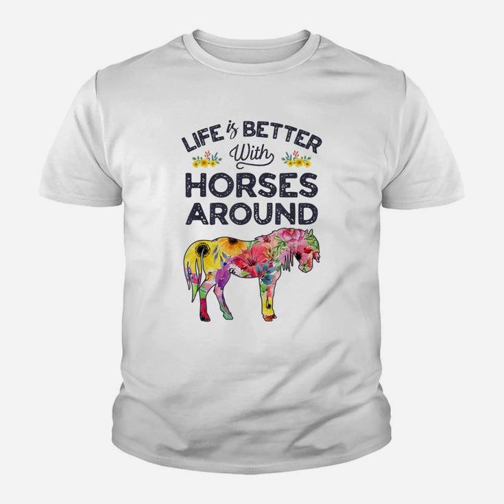 Life Is Better With Horses Around Horse Riding Flower Gifts Youth T-shirt