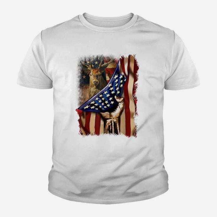 Mens Deer Hunting Father's Day American Flag Hunters 4Th Of July Youth T-shirt