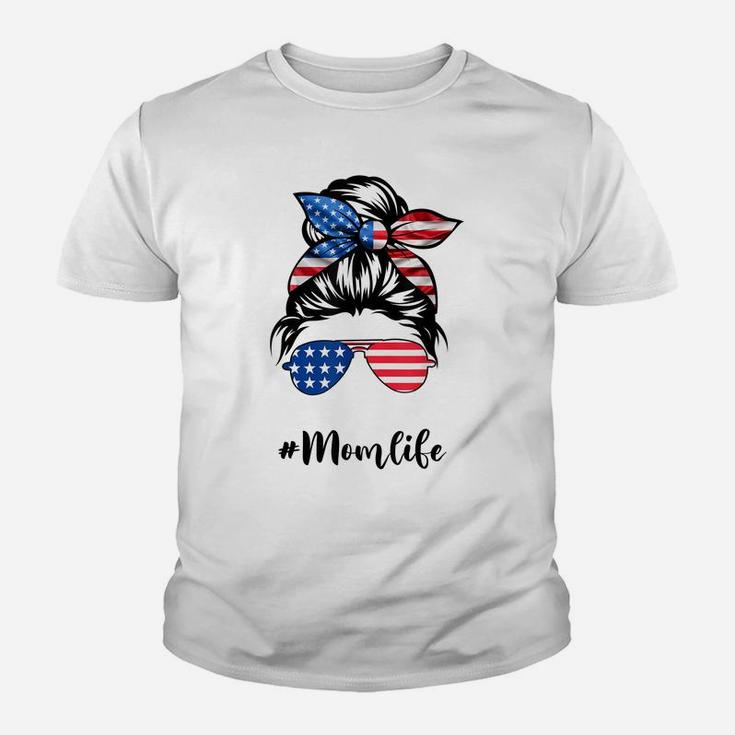 Mom Life Messy Bun America Flag Mothers Day Gift 4Th Of July Youth T-shirt