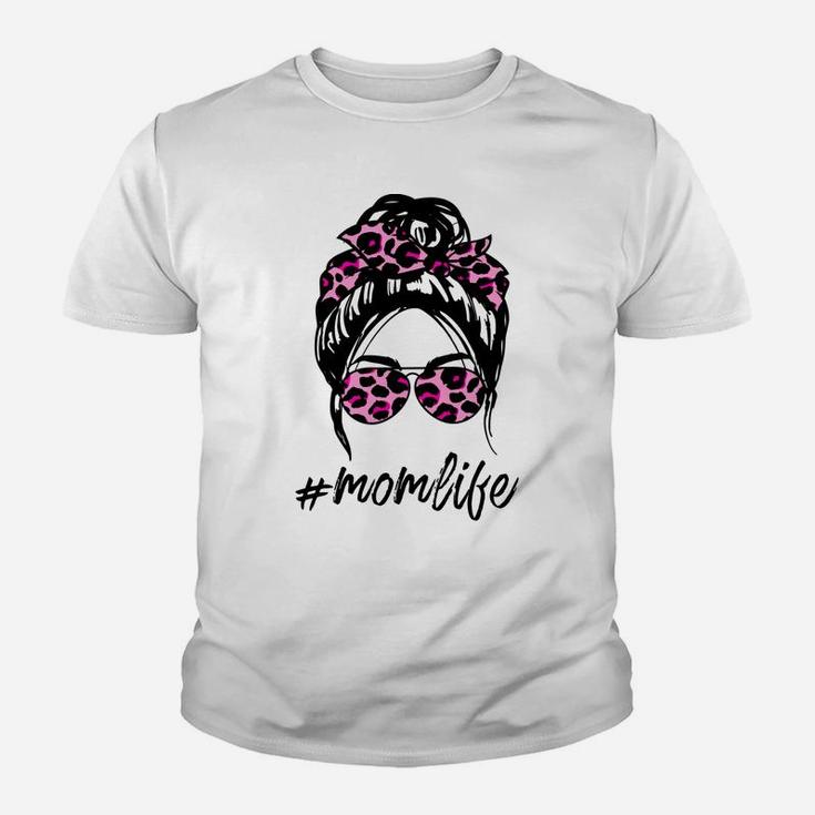 Mom Life Messy Hair Bun Pink Leopard Print Women Mothers Day Youth T-shirt