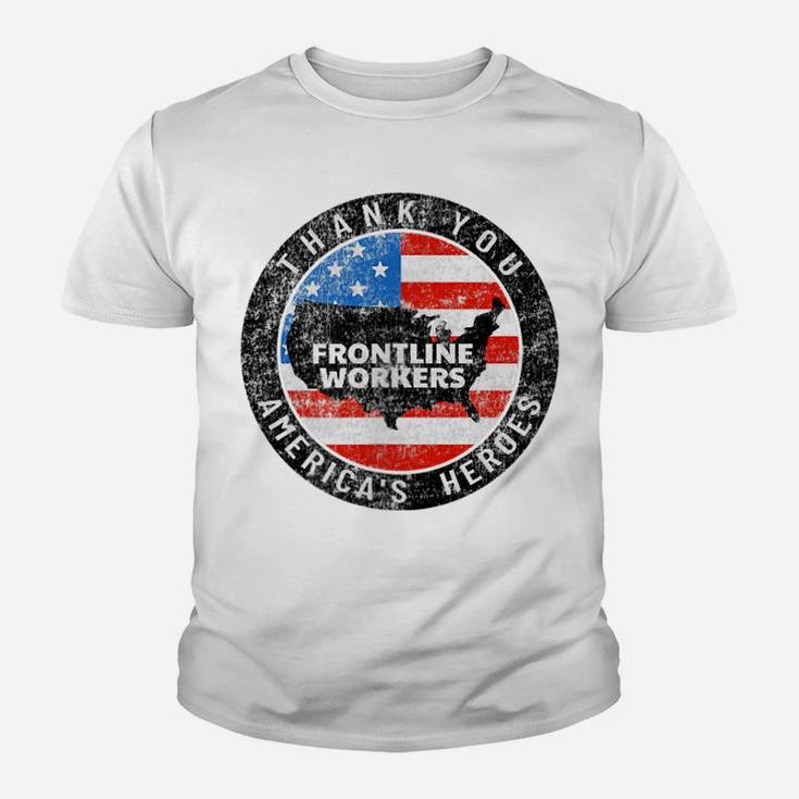 Printed 2 Sides Retro Thank You Frontline Workers Us Flag Youth T-shirt