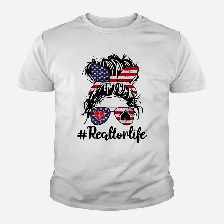 Real Estate Agent Women Messy Bun Hair Usa Flag 4Th Of July Youth T-shirt