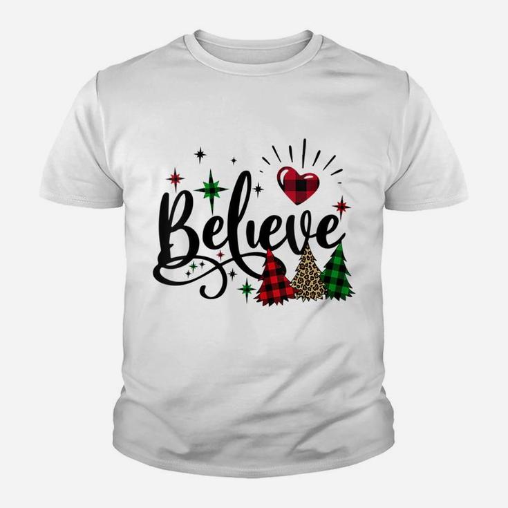 Womens Believe Heart Peace Love Christmas Buffalo Plaid Xmas Tree Youth T-shirt