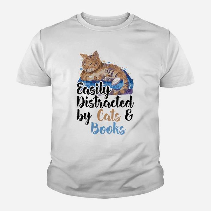 Womens Easily Distracted By Cats And Books For Cat Lovers Youth T-shirt