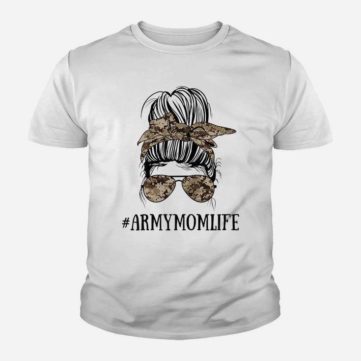 Womens Messy Bun Life Of A Proud Army Mom Mother's Day Military Youth T-shirt