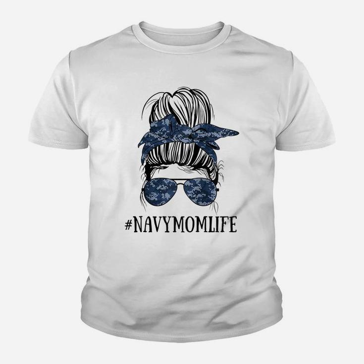 Womens Messy Bun Life Of A Proud Mom Navy Mother's Day Military Mom Raglan Baseball Tee Youth T-shirt