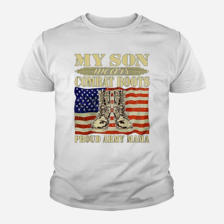 Womens My Son Wears Combat Boots Proud Army Mama Military Mom Gift Raglan Baseball Tee Youth T-shirt