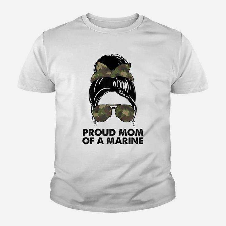 Womens Proud Mom Of A Marine Messy Bun Camouflage Military Women Youth T-shirt