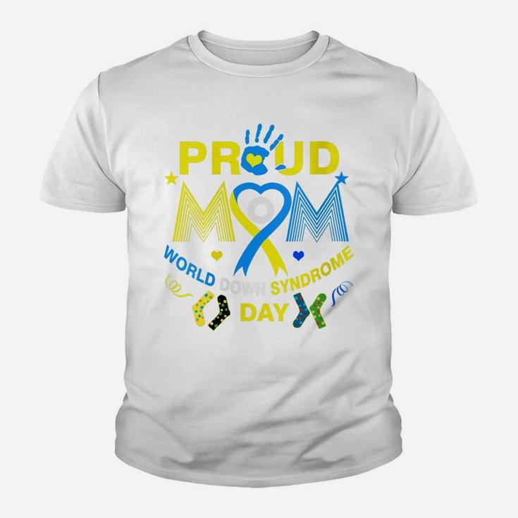 Womens Proud Mom Ribbon Yellow Blue Heart Down Syndrome Day Trisomy Youth T-shirt