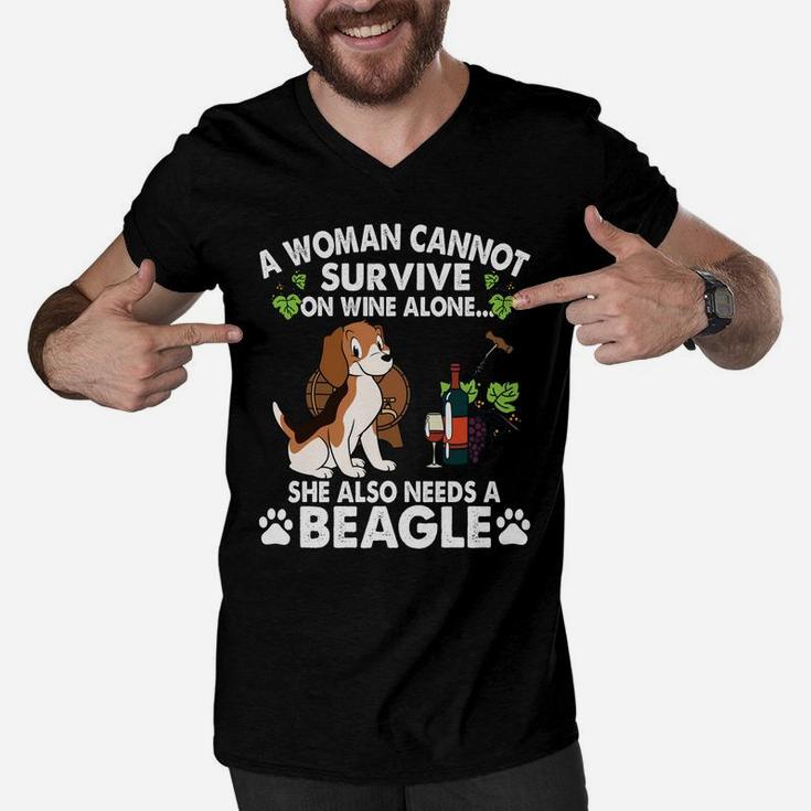 A Woman Cannot Survive On Wine Alone She Also Needs A Funny Beagle Dog Men V-Neck Tshirt