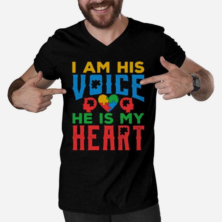Autism Awareness Grandparents I Am His Voice He Is My Heart Men V-Neck Tshirt