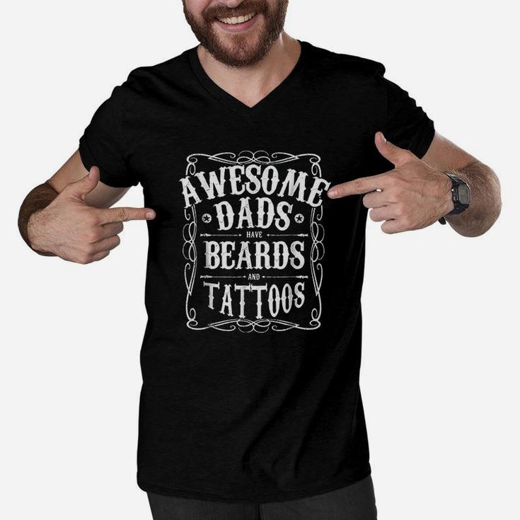 Awesome Dads Have Beards And Tattoos Funny Men V-Neck Tshirt