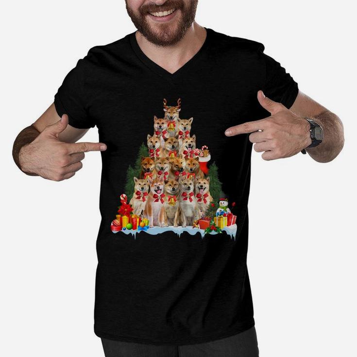 Christmas Pajama Shiba Inu Xmas Tree Gifts Dog Dad Mom Sweatshirt Men V-Neck Tshirt