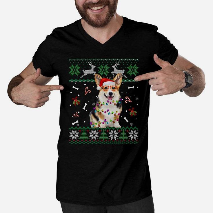 Christmas Tree Corgi Pajama Lights Dog Dad Mom Sweatshirt Men V-Neck Tshirt