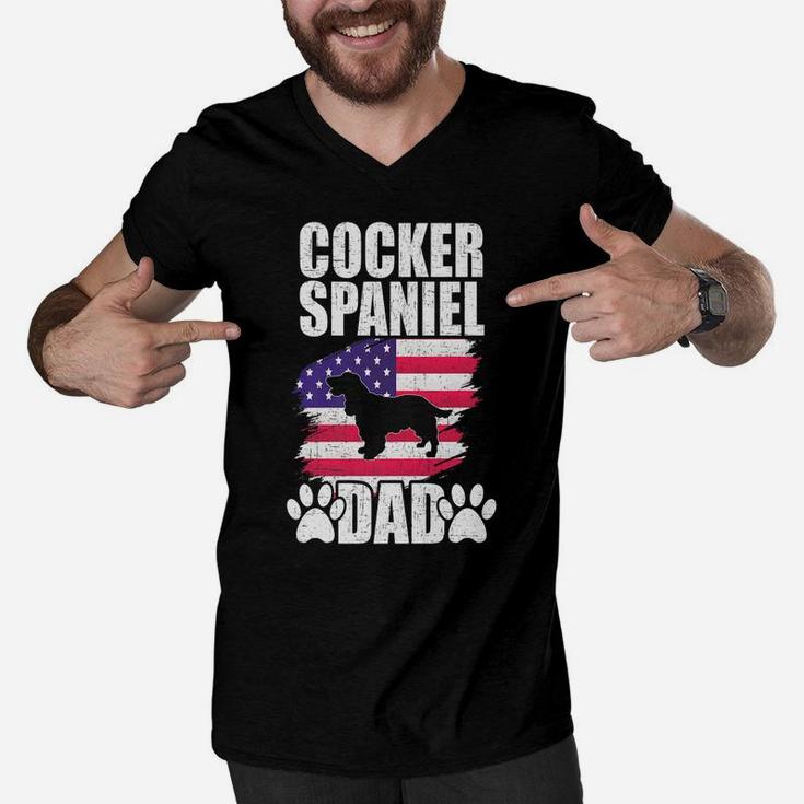 Cocker Spaniel Dad Dog Lover American Us Flag Men V-Neck Tshirt