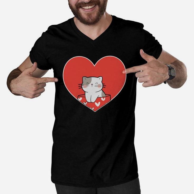Cute Cat Love Heart Valentines Day Gift Happy Valentines Day Men V-Neck Tshirt